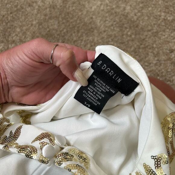 B.Darlin Dress Ivory W/Gold Sequins Lined Cut Out Back Body Con Size 7/8 - Picture 9 of 11